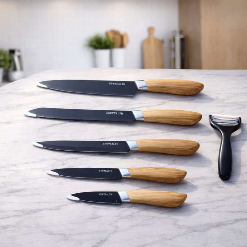 Set cuțite bucătărie 6 piese cu mâner din bambus + curățător legume - eleganță și performanță