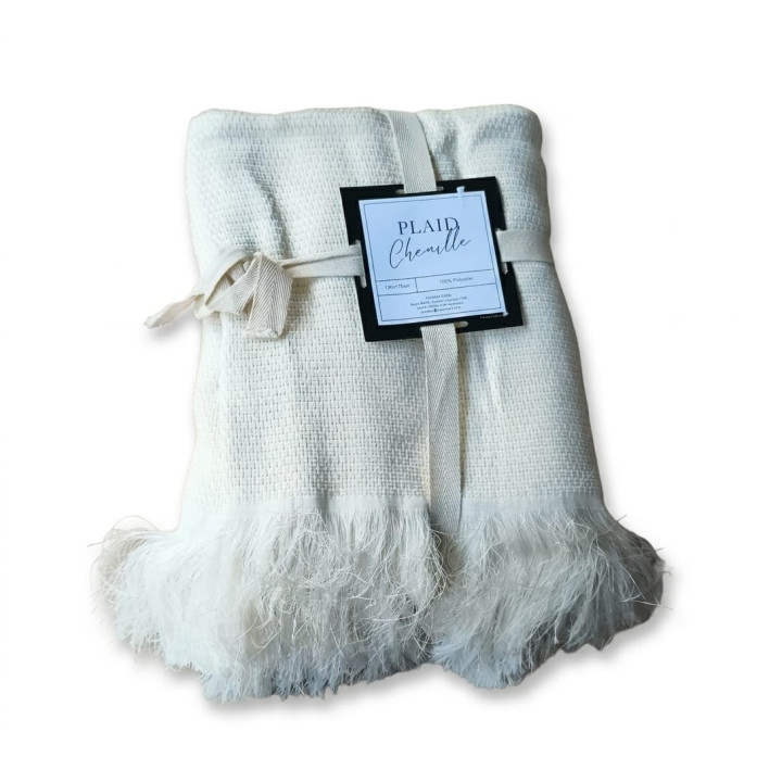 Pătură Plaid din Chenille Premium, 130x170 cm, Alb Crem