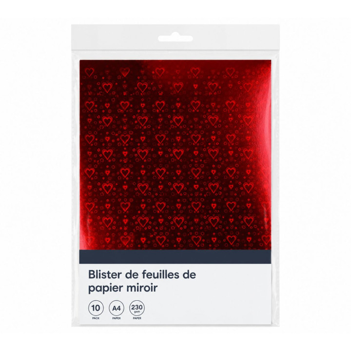 Set 10 coli hârtie oglindă holografică roșie cu inimioare A4