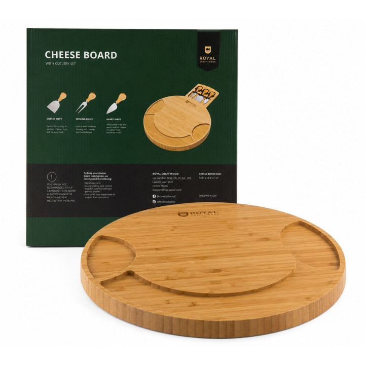 Platou rotund pentru brânzeturi din bambus Royal Craft Wood, cu set de cuțite incluse, 33 x 33 x 3 cm