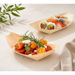Set bărcuțe din lemn biodegradabil pentru servire, tavă eco pentru street food & catering