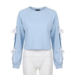 Bluză Crop Damă, Guler Rotund, Mâneci Decupate cu Șireturi, 70% Bumbac, Bleu-Gri, Mărimea S