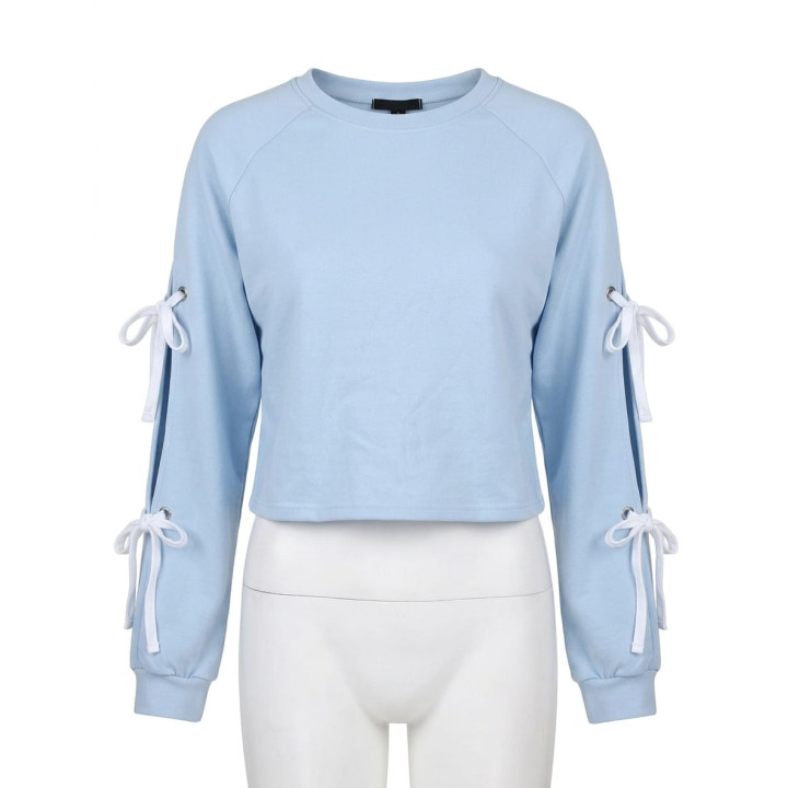 Bluză Crop Damă, Guler Rotund, Mâneci Decupate cu Șireturi, 70% Bumbac, Bleu-Gri, Mărimea S