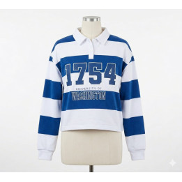 Bluza Crop Dama Don't Call Me Jennyfer, University of Washington, Guler Polo, Albastru/Alb, Marimea XS