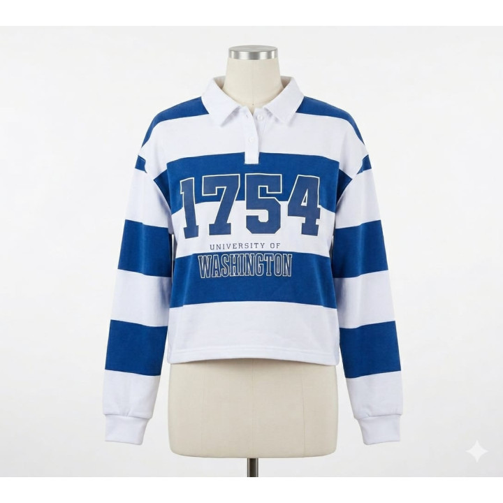 Bluza Crop Dama Don't Call Me Jennyfer, University of Washington, Guler Polo, Albastru/Alb, Marimea XS