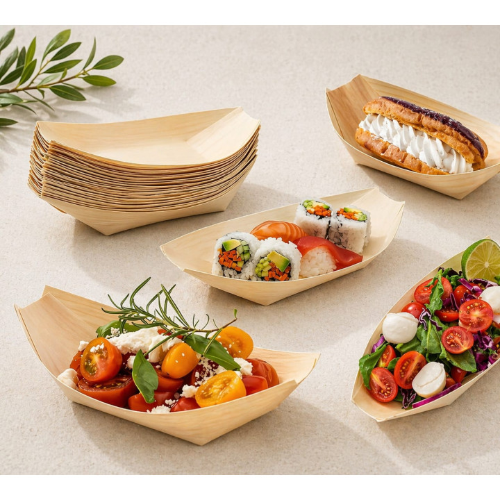 Set bărcuțe din lemn biodegradabil pentru servire, tavă eco pentru street food & catering