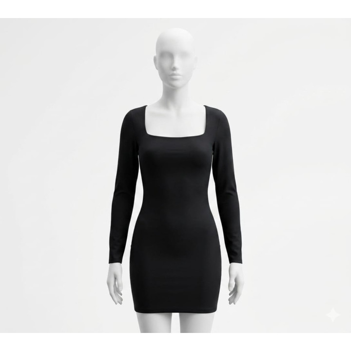 Rochie Mini Neagră Ardene – Croială Mulată, Decolteu Pătrat și Mânecă Lungă, Mărimea L