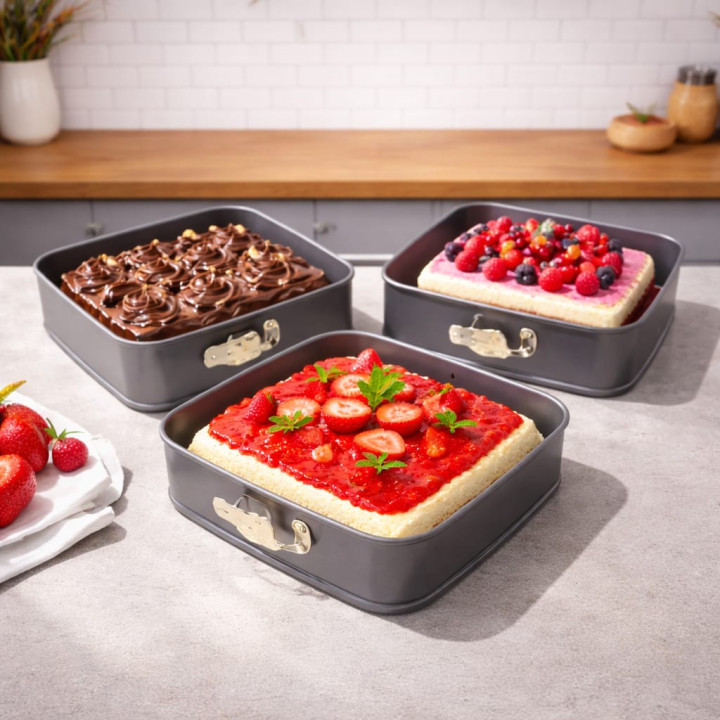 Set 3 tăvi pătrate detașabile 22/24/26 cm pentru tort și prăjituri