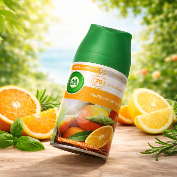 Odorizant Cameră Air Wick Automatic Spray Refill, Aromă Citrice Mediteraneene, Până la 70 Zile Prospețime
