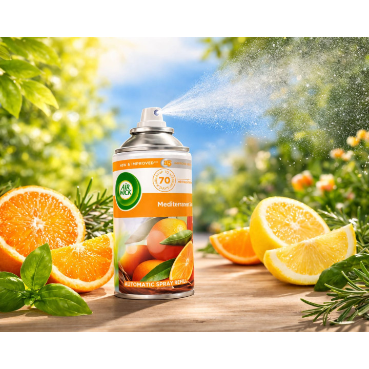 Odorizant Cameră Air Wick Automatic Spray Refill, Aromă Citrice Mediteraneene, Până la 70 Zile Prospețime