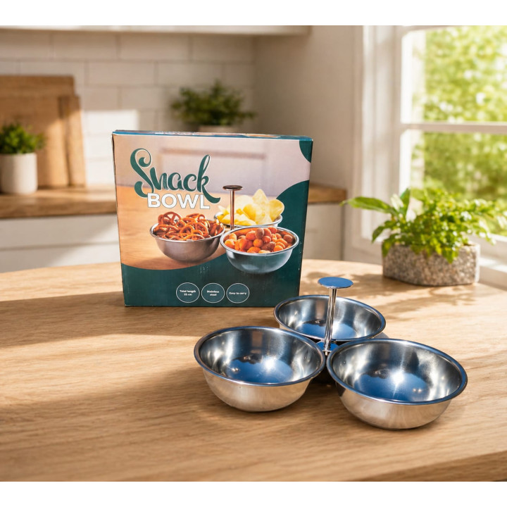 Set boluri pentru gustări din inox, 3 compartimente, suport