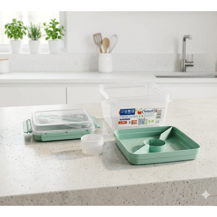 Cascetă Alimentară Tontarelli FRESH System, 2.25L, Compartimentată, cu Set de Tacâmuri Incluse și Recipient Sos, Verde Praz