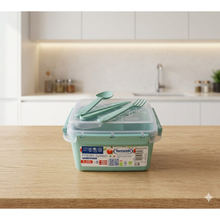 Cascetă Alimentară Tontarelli FRESH System, 2.25L, Compartimentată, cu Set de Tacâmuri Incluse și Recipient Sos, Verde Praz