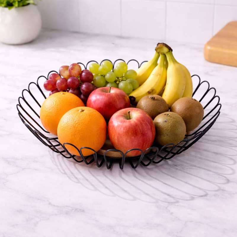 Coș fructe și legume metal cu bază lemn 27 cm, design modern bucătărie