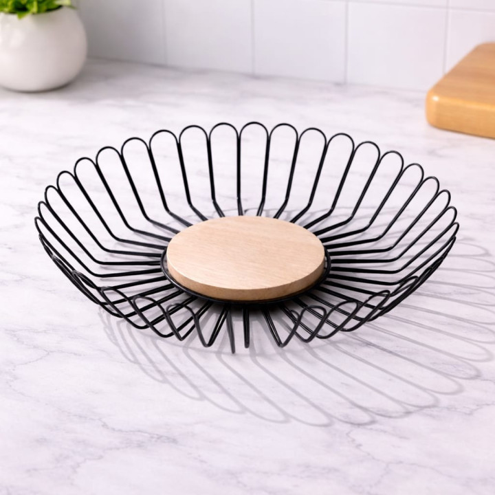 Coș fructe și legume metal cu bază lemn 27 cm, design modern