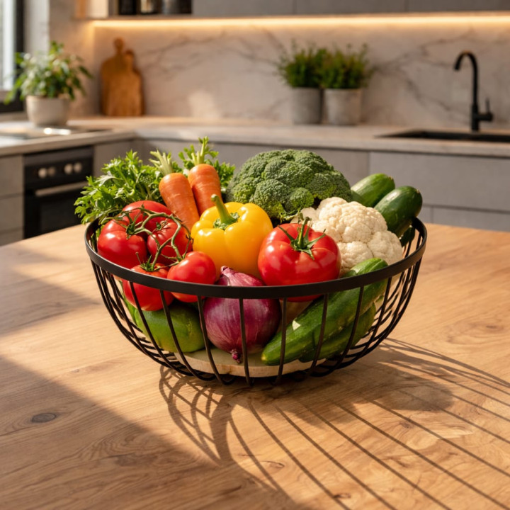 Coș fructe și legume metal cu bază lemn 25 cm, design modern