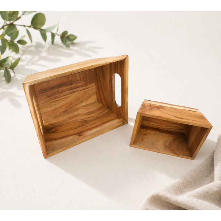 Set 2 cutii decorative din lemn natural pentru depozitare